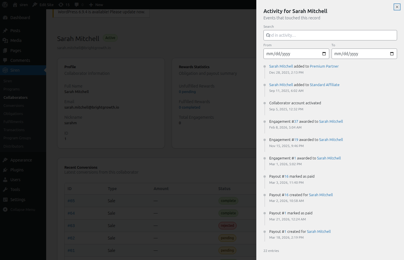 Siren admin with the Activity panel open for collaborator Sarah Mitchell, showing a chronological log of program additions, account activation, engagements awarded, and payouts created and marked paid, each timestamped