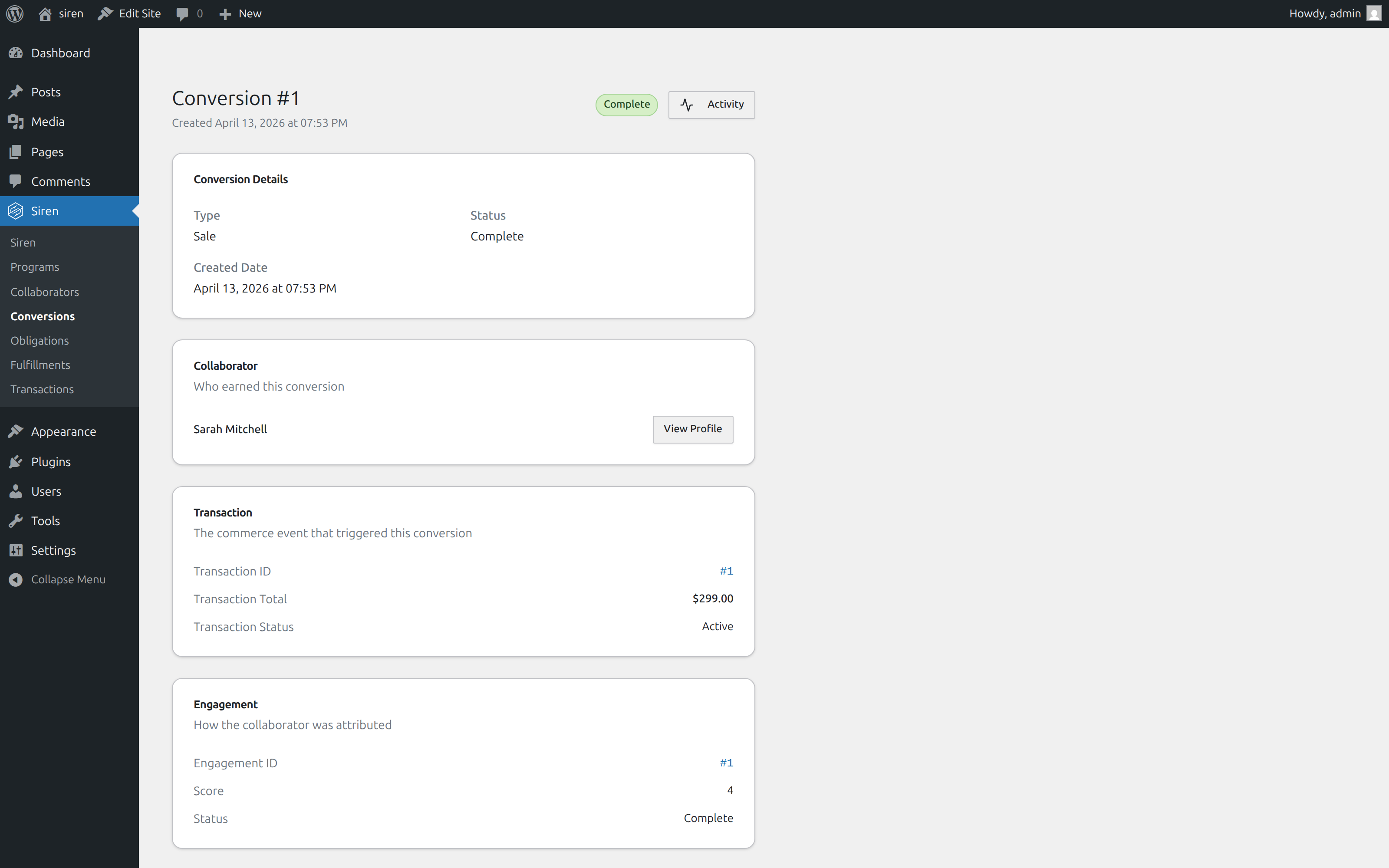Conversion #1 detail view with the Activity button in the top-right, showing the conversion's collaborator, transaction, and engagement linked as a connected story