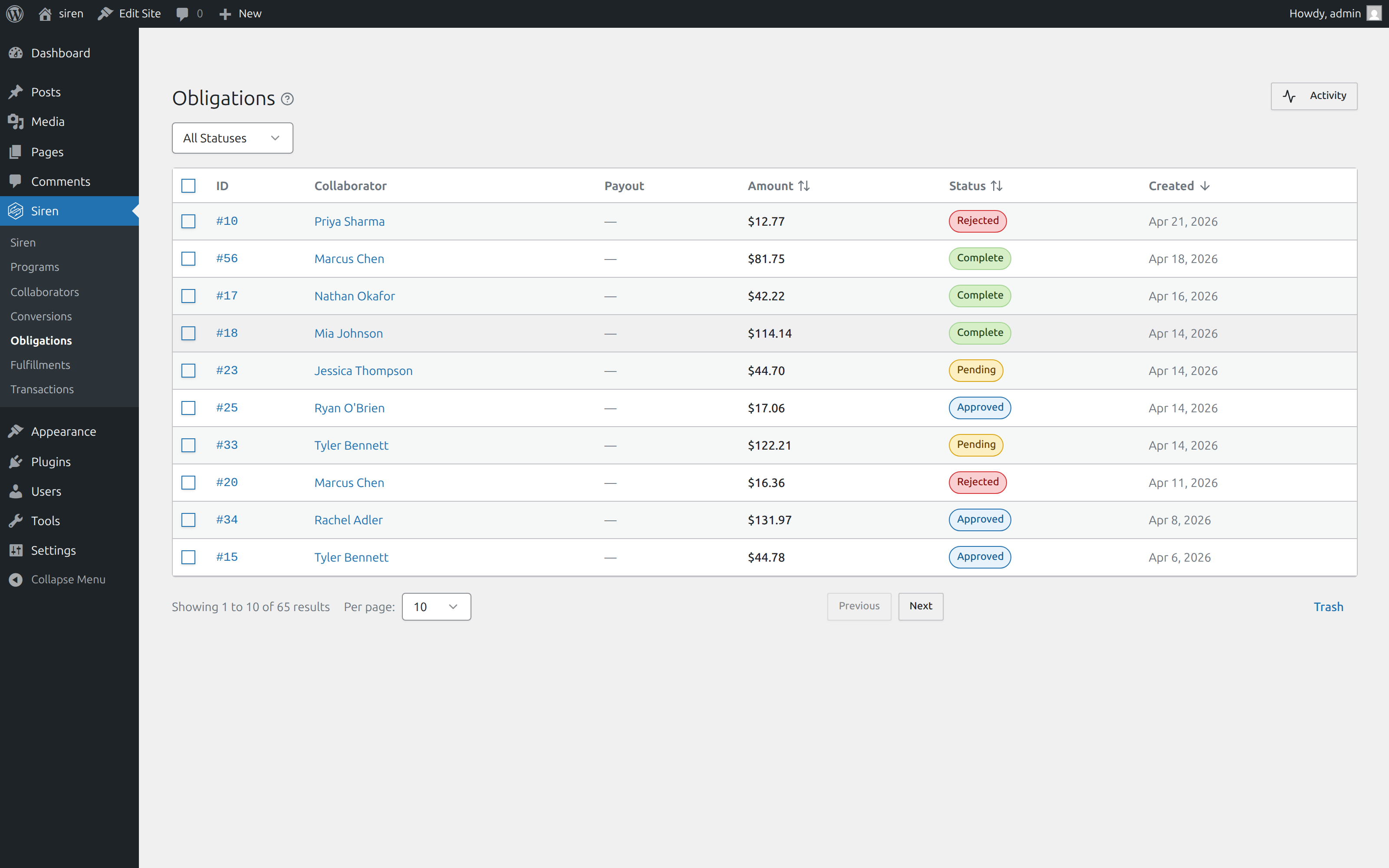 Obligations list view with 65 obligations visible, columns for ID, Collaborator, Payout, Amount, Status, and Created date, and colored status pills for Pending, Complete, Approved, and Rejected