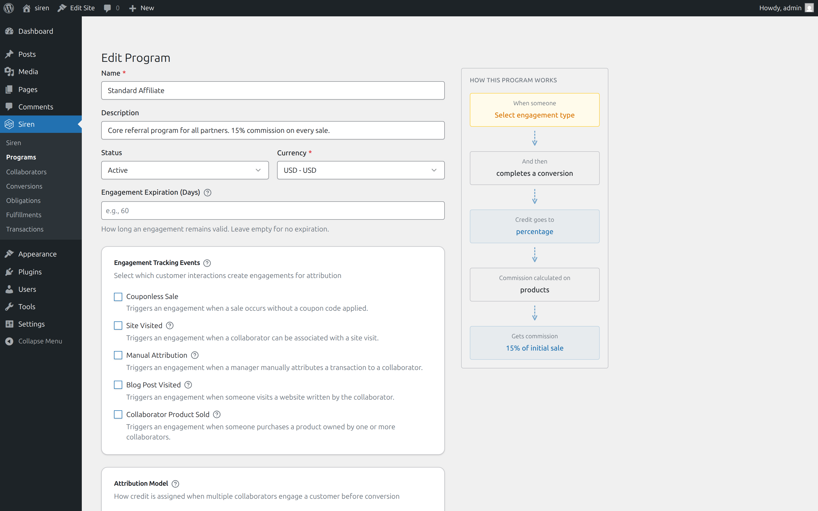Edit Program view for the Standard Affiliate program, with a 'How this program works' flow diagram on the right showing engagement → conversion → credit → 15% of initial sale