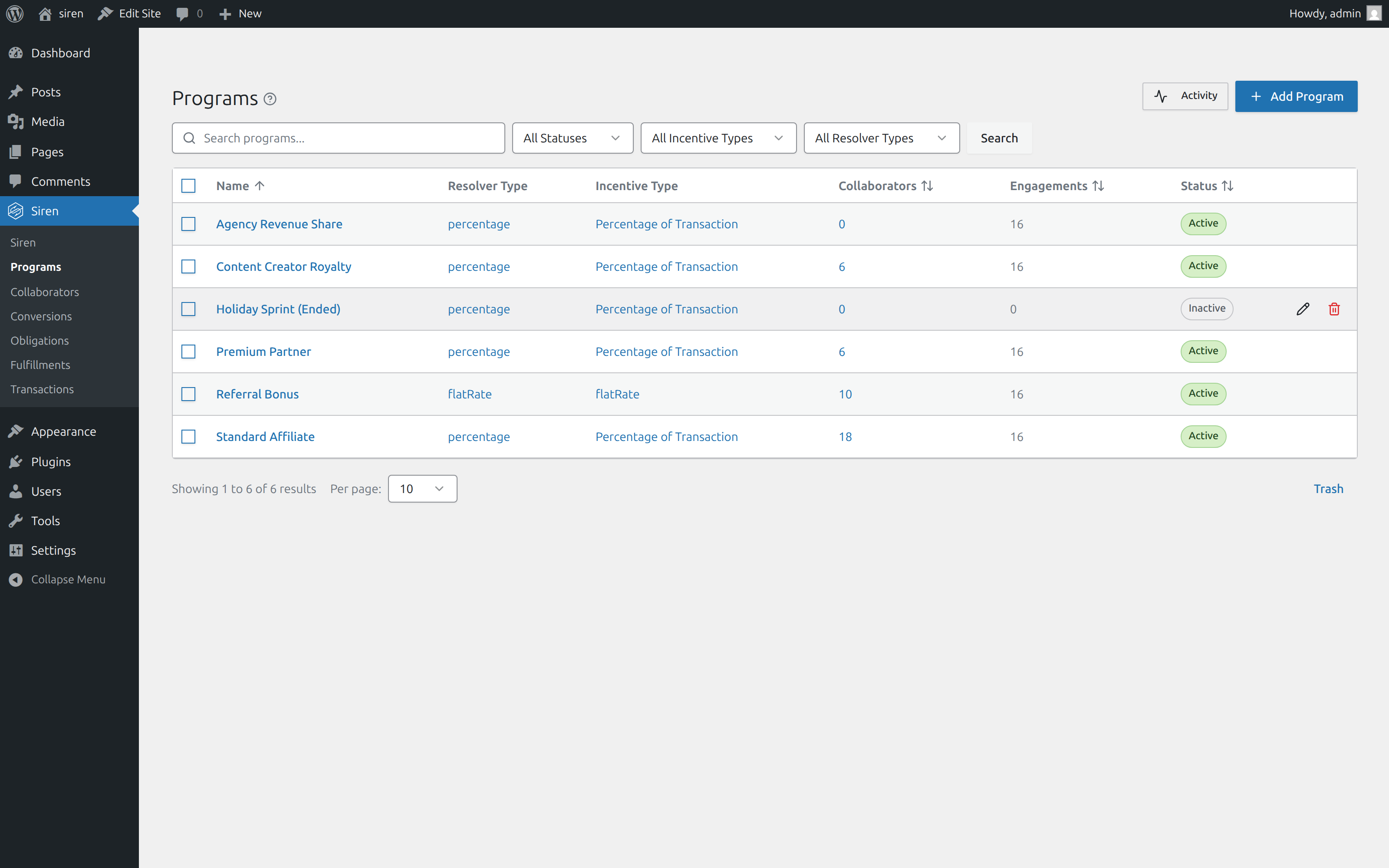 Siren 3.0 admin: Programs list view with filters for status, incentive type, and resolver type