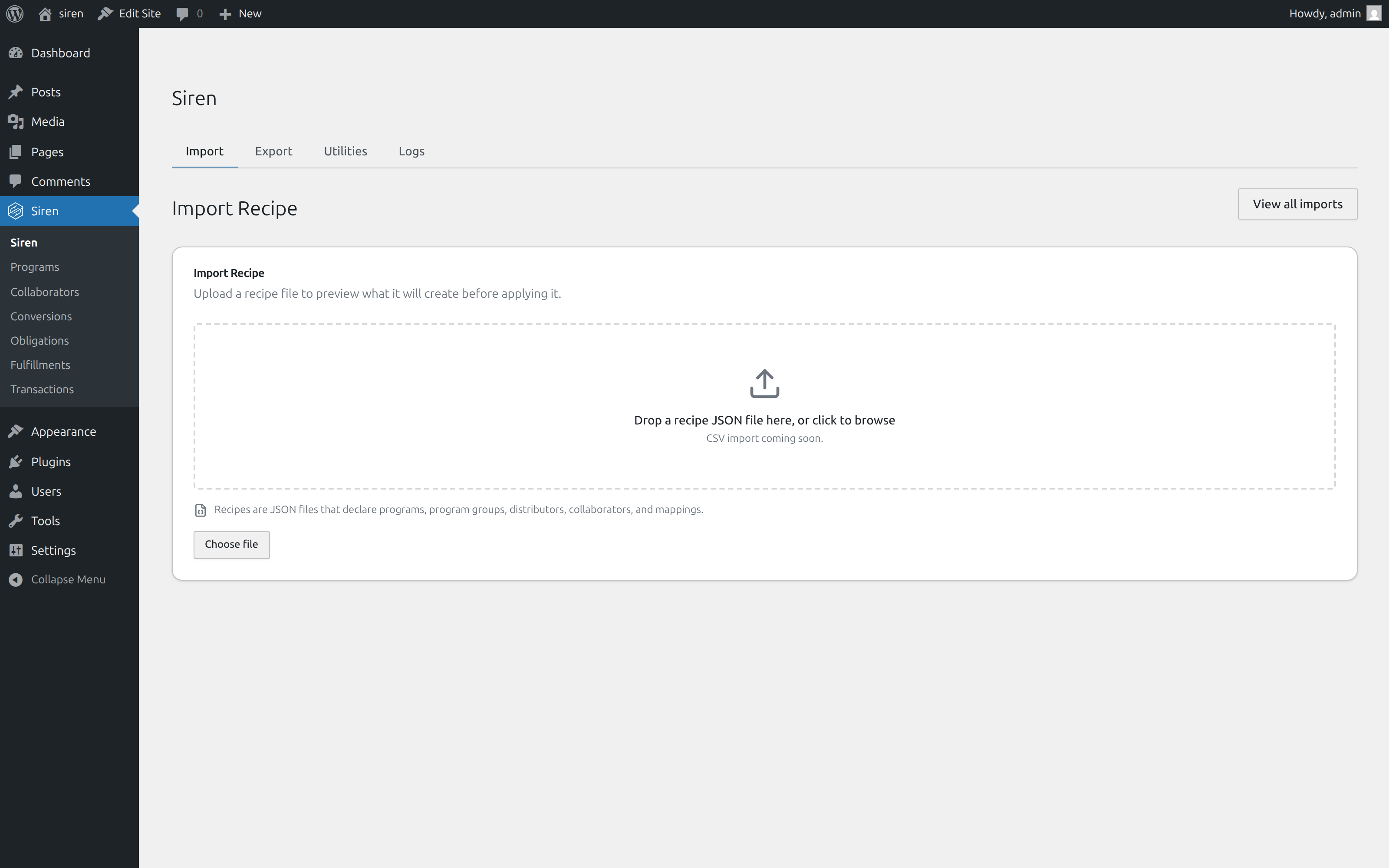 Siren admin recipe import view, with tabs for Import, Export, Utilities, and Logs, and a drop-zone for recipe JSON files