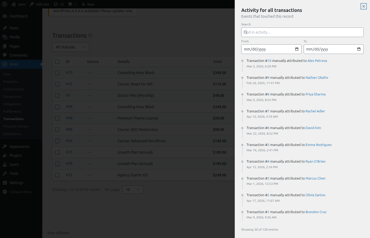 Siren admin with the Activity panel open for all transactions, showing a chronological list of manually-attributed entries, each linking a transaction to a collaborator with a timestamp