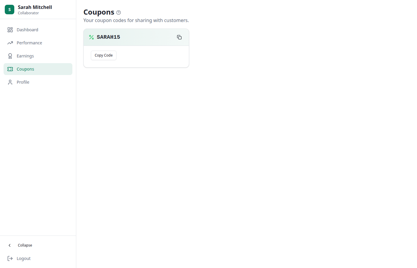 Portal Coupons view with Sarah Mitchell's SARAH15 coupon code displayed as a card with a Copy Code button