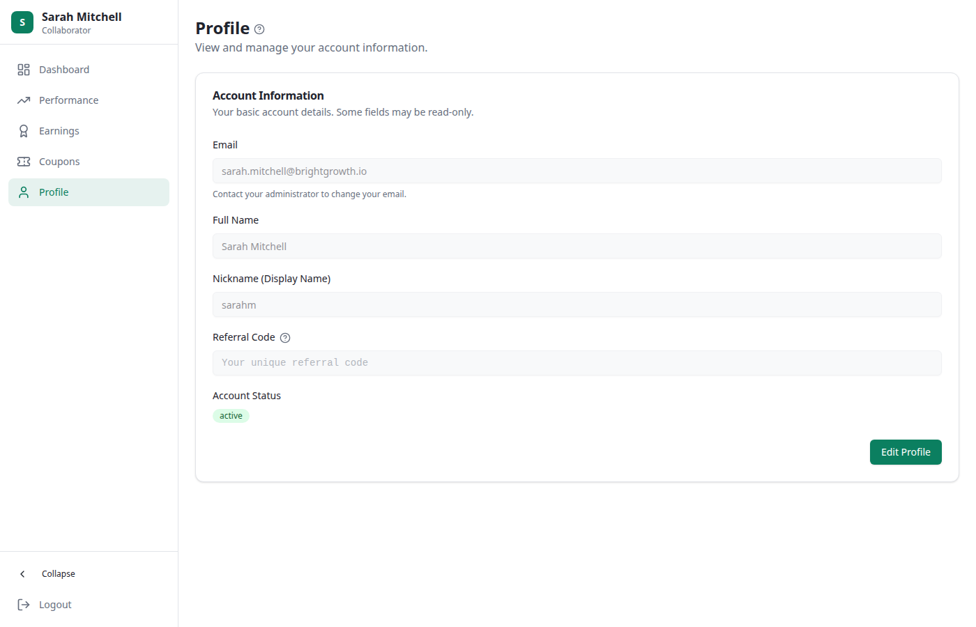Portal Profile view with Sarah Mitchell's account information: email, full name, nickname, referral code, and an active status badge, plus an Edit Profile button