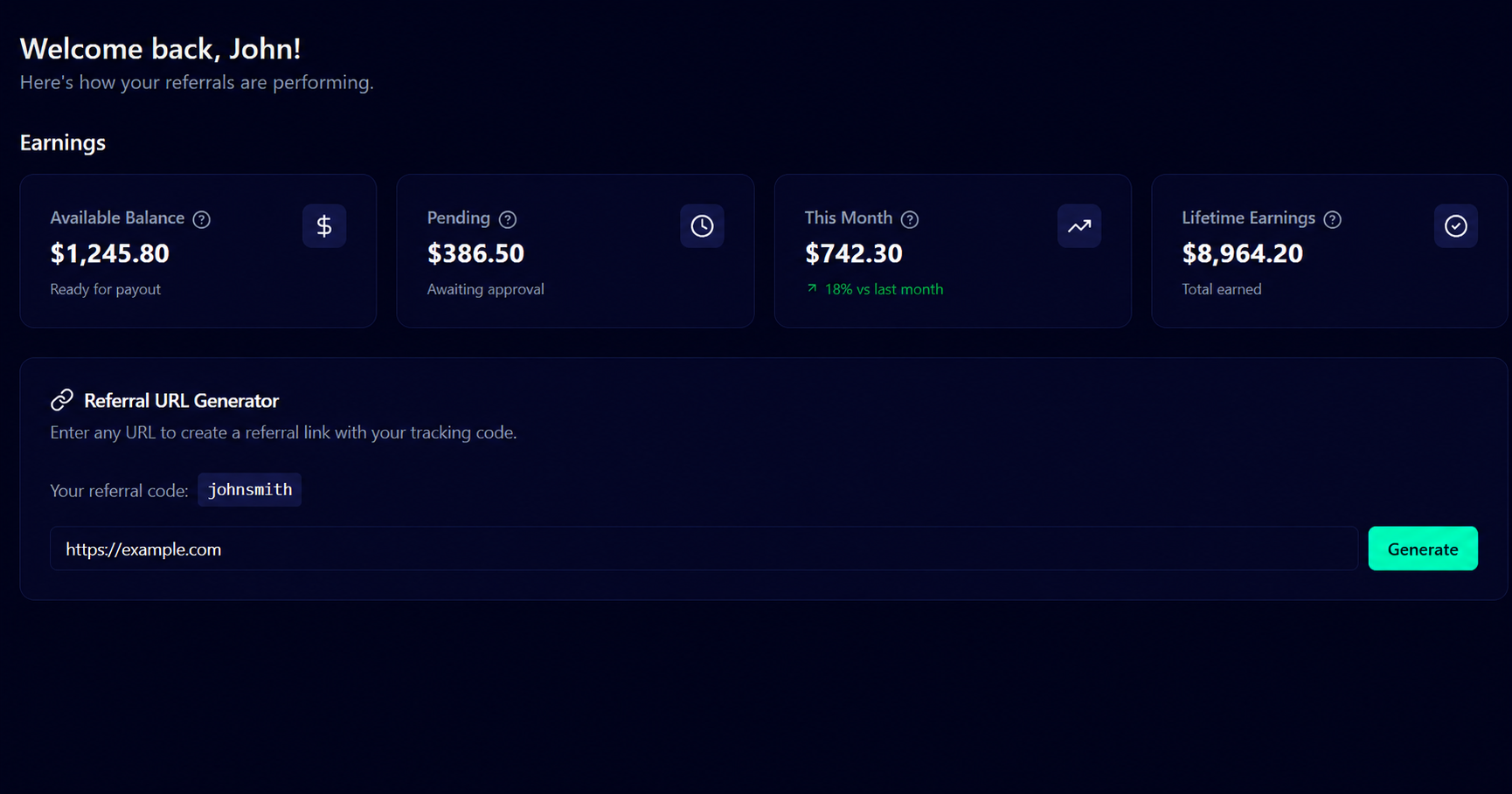 Affiliate dashboard showing earnings and a referral URL generator