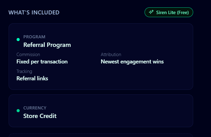 Siren refer-a-friend program recipe with referral links and store credit