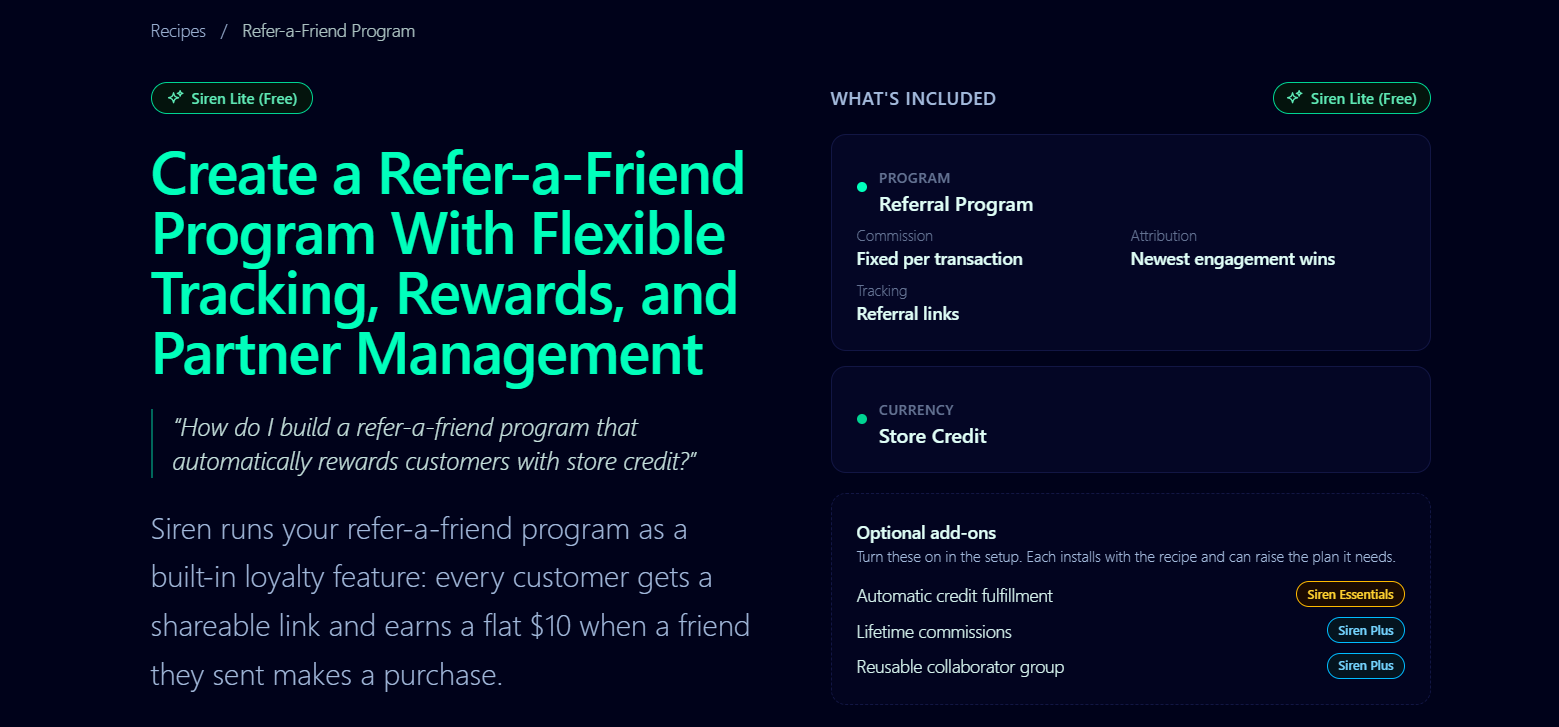 Siren refer-a-friend program recipe with flexible tracking and store-credit rewards