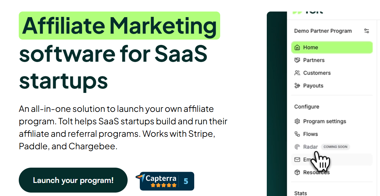Tolt affiliate marketing software for SaaS startups homepage