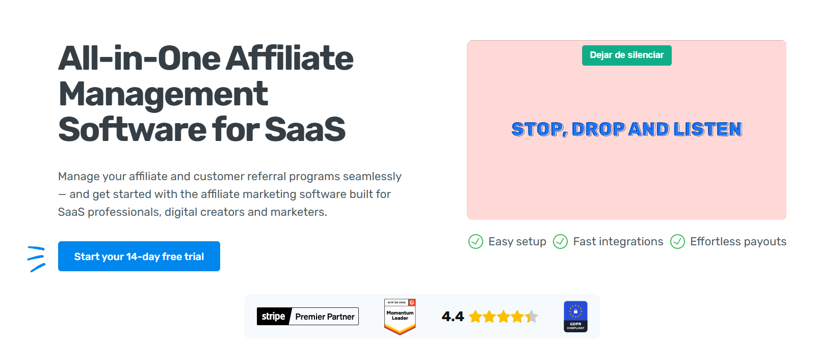 Rewardful affiliate management software for SaaS homepage