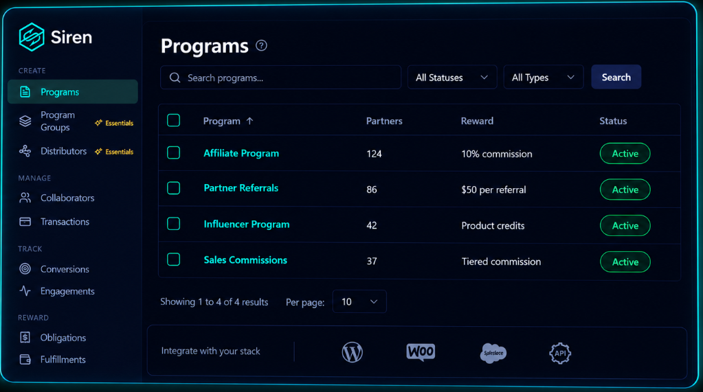 Siren dashboard managing affiliate, referral, influencer, and sales commission programs
