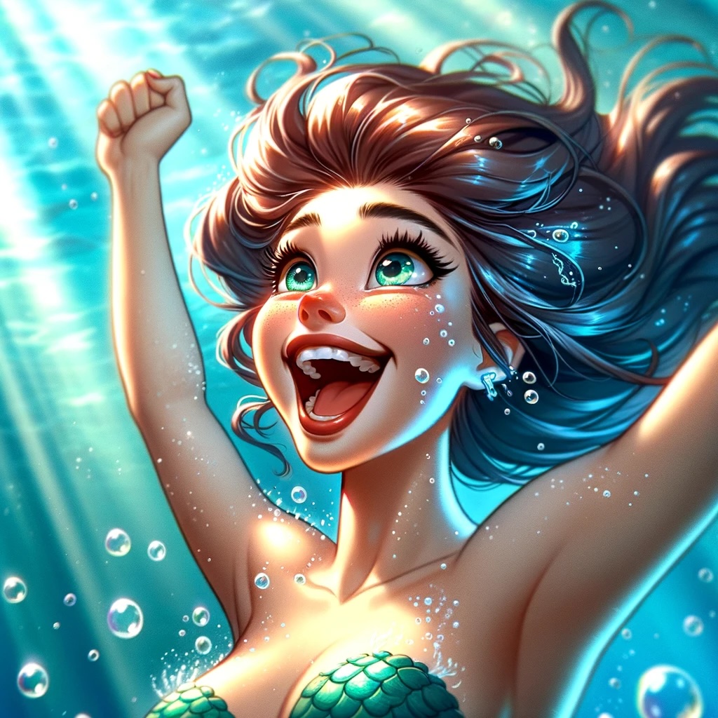 A mermaid in a moment of pure joy, closely zoomed in on their face, as they leap up in excitement under the sea. This mermaid has just successfully launched their underwater business. Their eyes sparkle with delight, mouth open in a victorious cheer, and their hands are thrown up in the air, capturing the essence of triumph and exhilaration. Bubbles surround them, and the background is a blur of underwater colors, symbolizing the vibrant future ahead for their business. This moment is one of achievement, hope, and the beginning of a new journey.