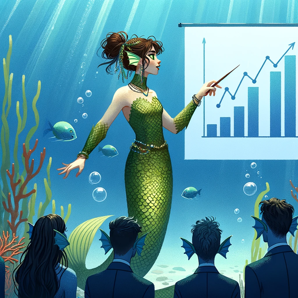 A mermaid with brown hair, green eyes, and human ears, presenting to a group of other mermaids and mermen underwater. She is pointing at a chart displaying a graph trending upwards, captured midway through her explanation. She is not looking at us but is instead focused on her audience, showing her engagement and leadership. The mermaid's clothing is scaly and green, blending with her underwater environment. Her posture is confident and authoritative as she uses one hand to point at the significant upward trend on the chart and the other to gesture towards her attentive audience. The scene is framed with underwater elements like corals and bubbles, emphasizing the setting.